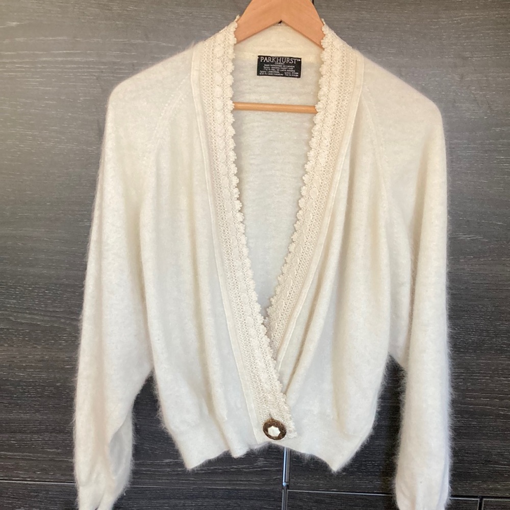 Vintage Parkhurst 79% Angora 20% Lambswool & Nylon Cream Cardigan Lace Detail Lg
